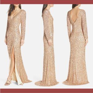 NWT $398 Mac Duggal [ 14 ] Long Sleeve Sequin Slit Dress in‎ Rose Gold #Q429